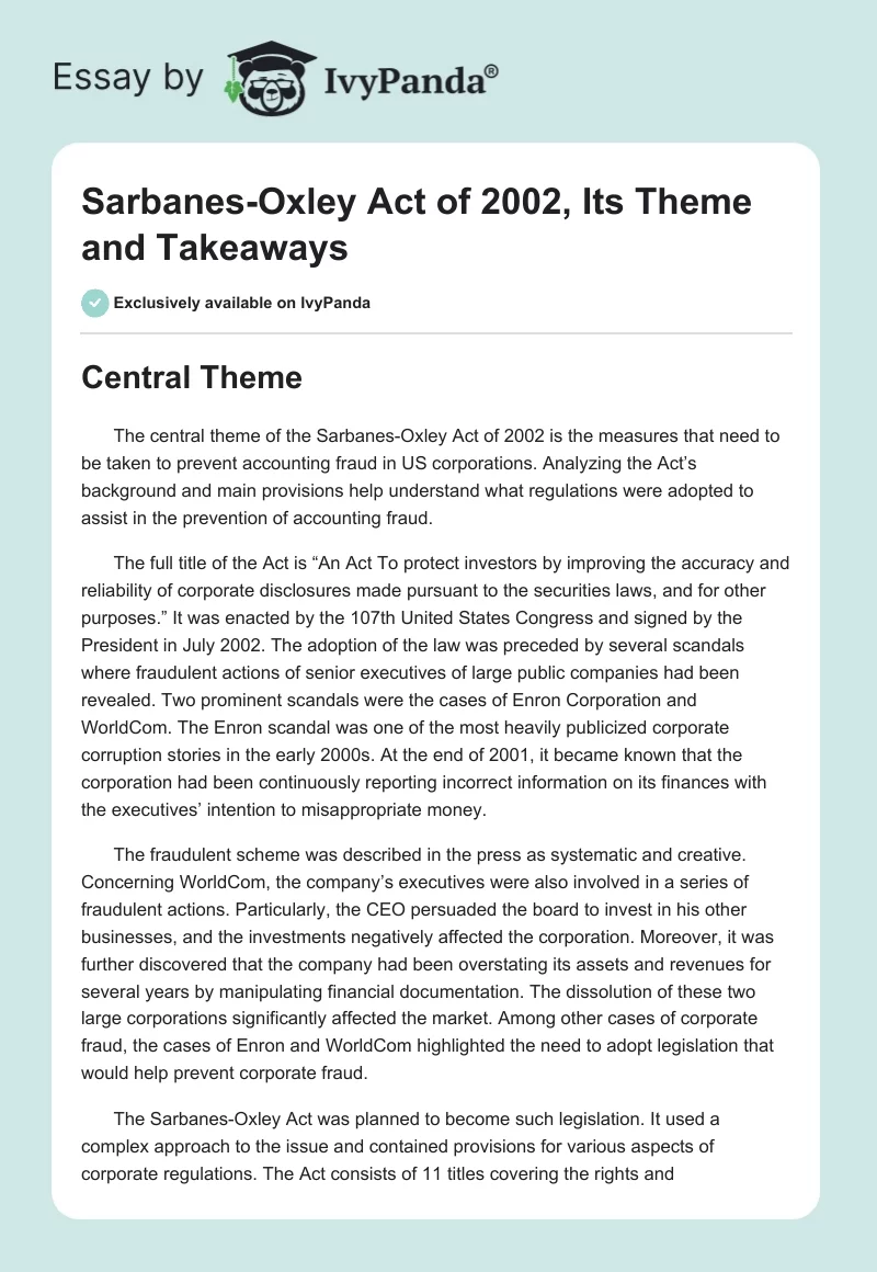 Sarbanes-Oxley Act of 2002, Its Theme and Takeaways. Page 1
