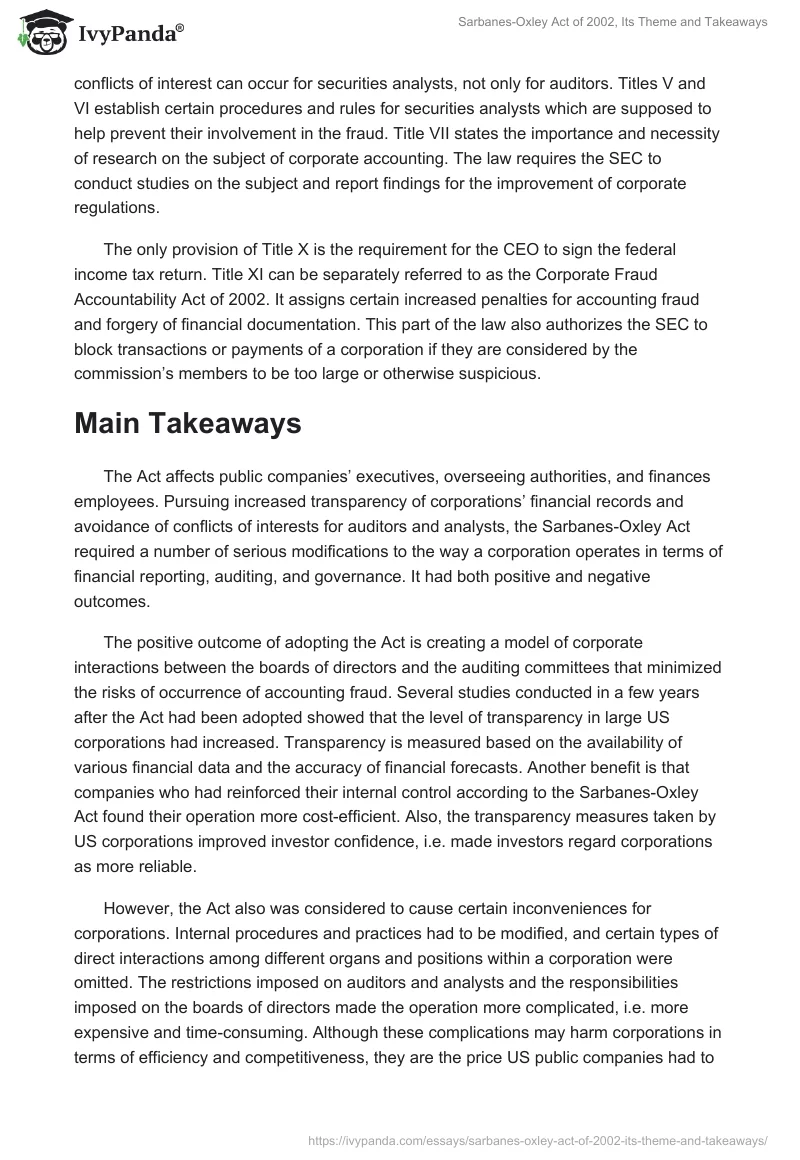 Sarbanes-Oxley Act of 2002, Its Theme and Takeaways. Page 3