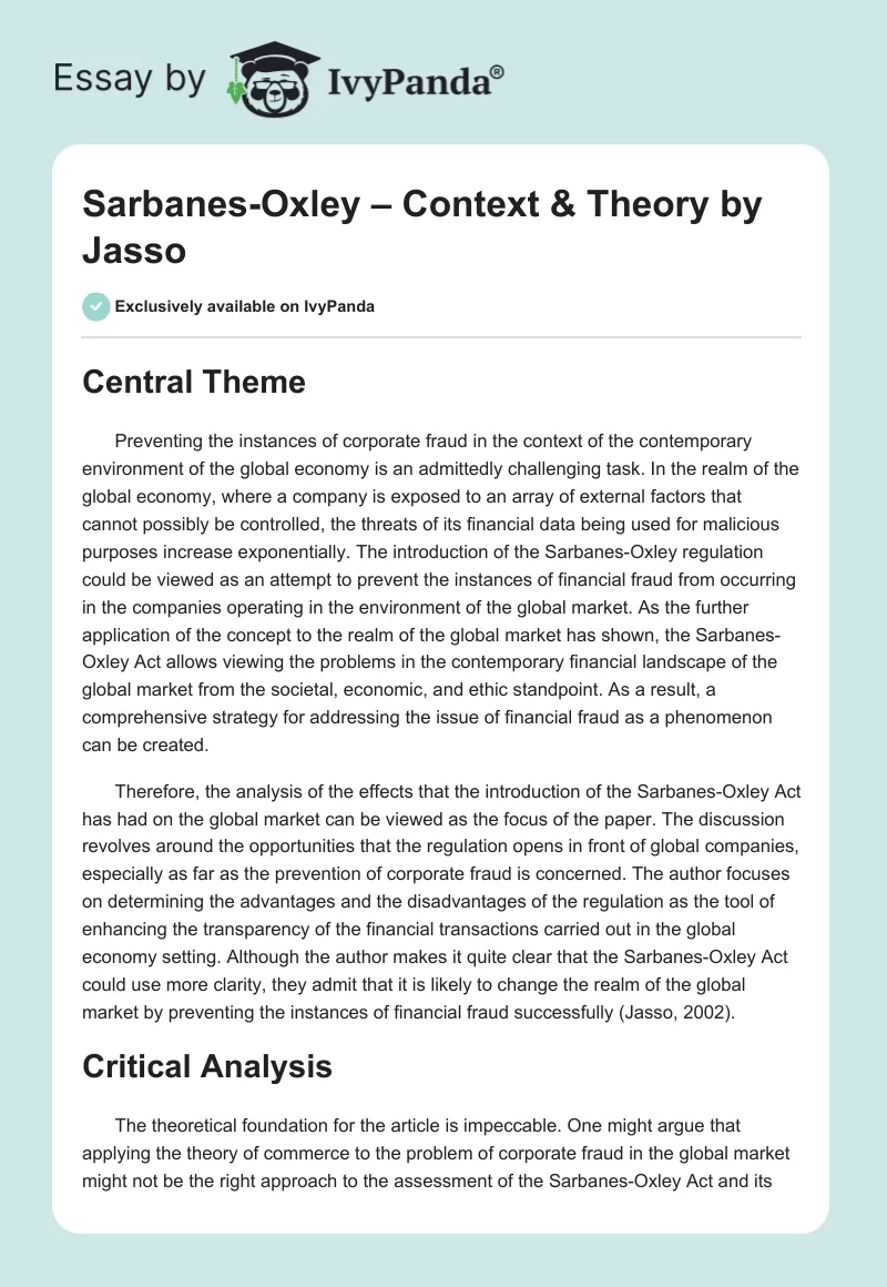 "Sarbanes-Oxley – Context & Theory" by Jasso. Page 1