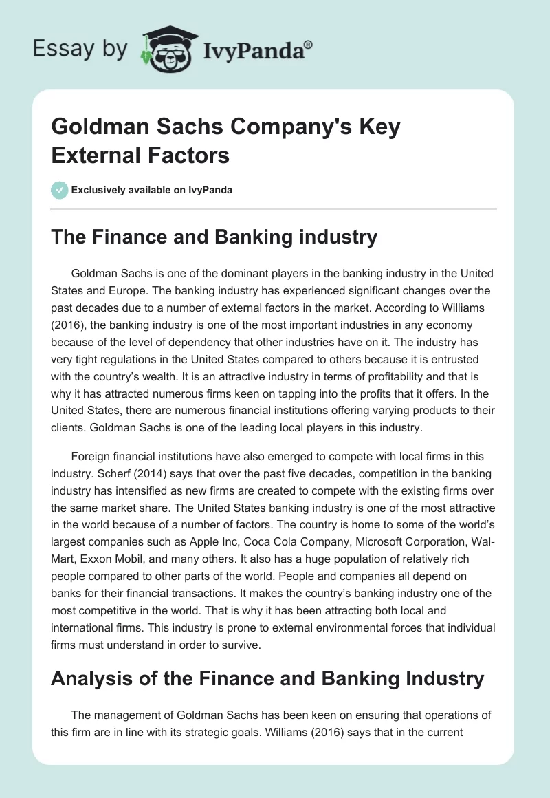 Goldman Sachs Company's Key External Factors. Page 1