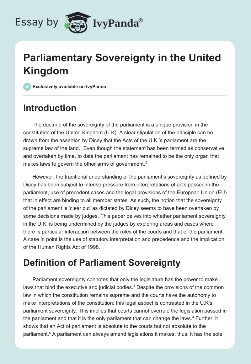 Parliamentary Sovereignty in the United Kingdom. Page 1