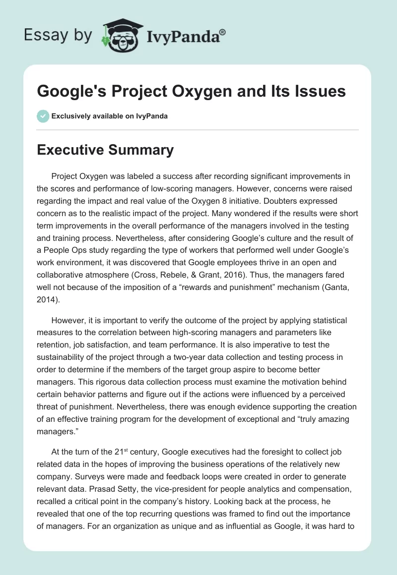 Google's Project Oxygen and Its Issues. Page 1