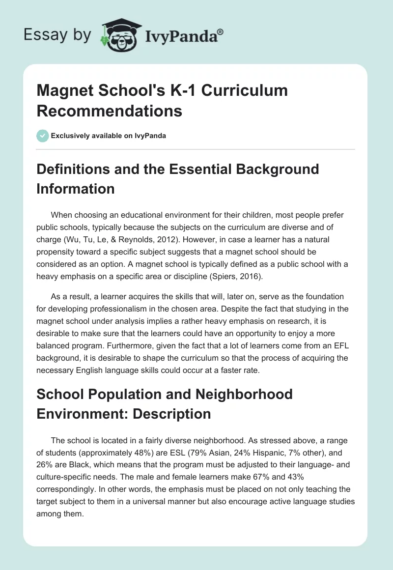 Magnet School's K-1 Curriculum Recommendations. Page 1