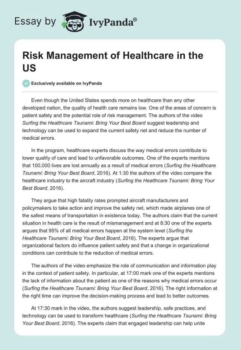 Risk Management of Healthcare in the US. Page 1