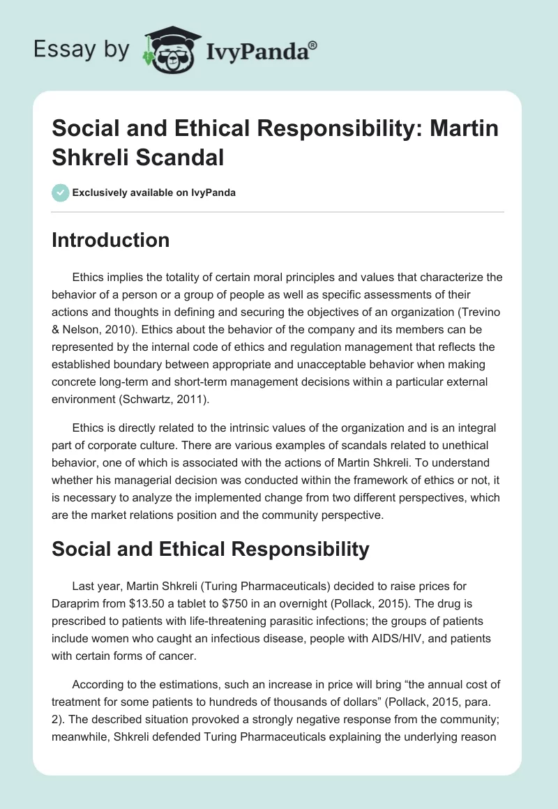 Social and Ethical Responsibility: Martin Shkreli Scandal. Page 1