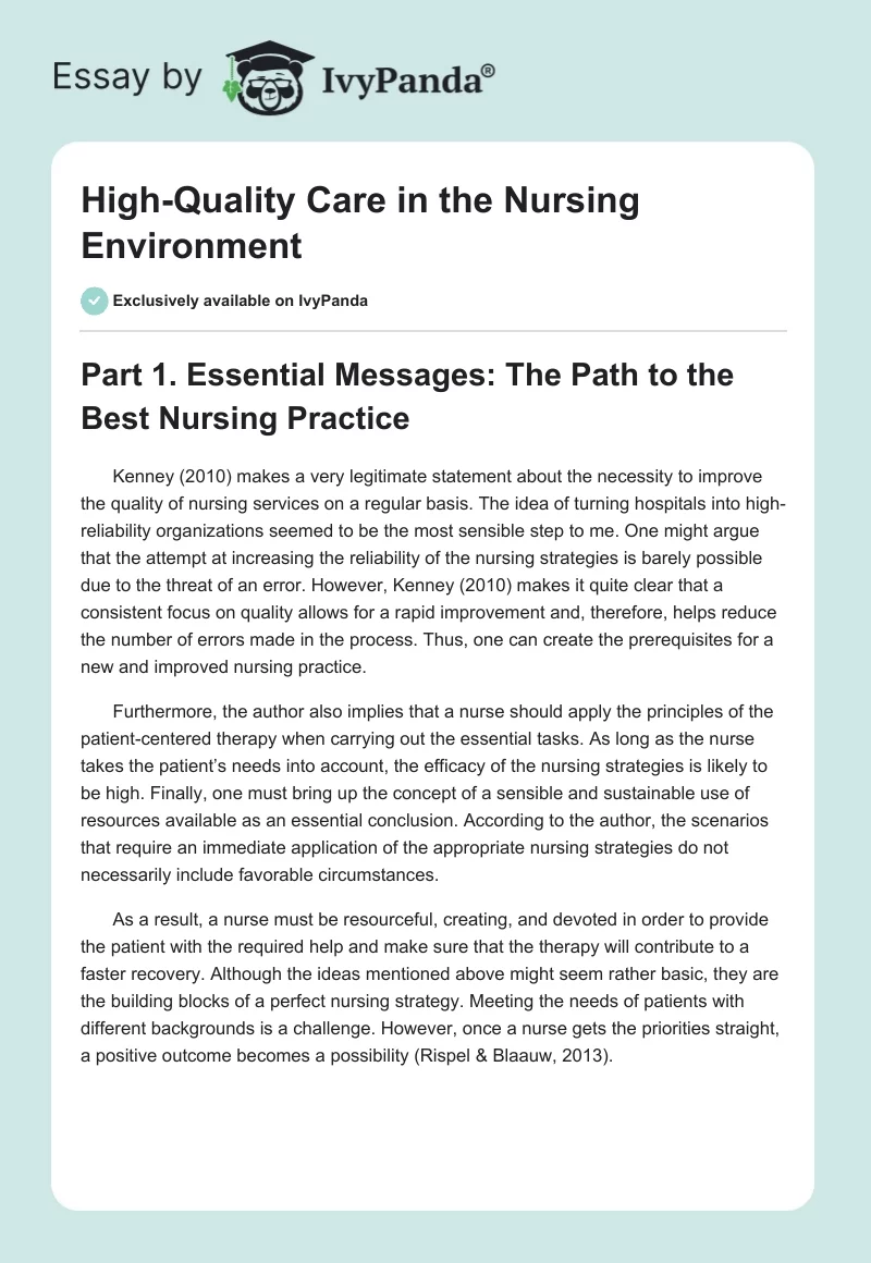 High-Quality Care in the Nursing Environment. Page 1