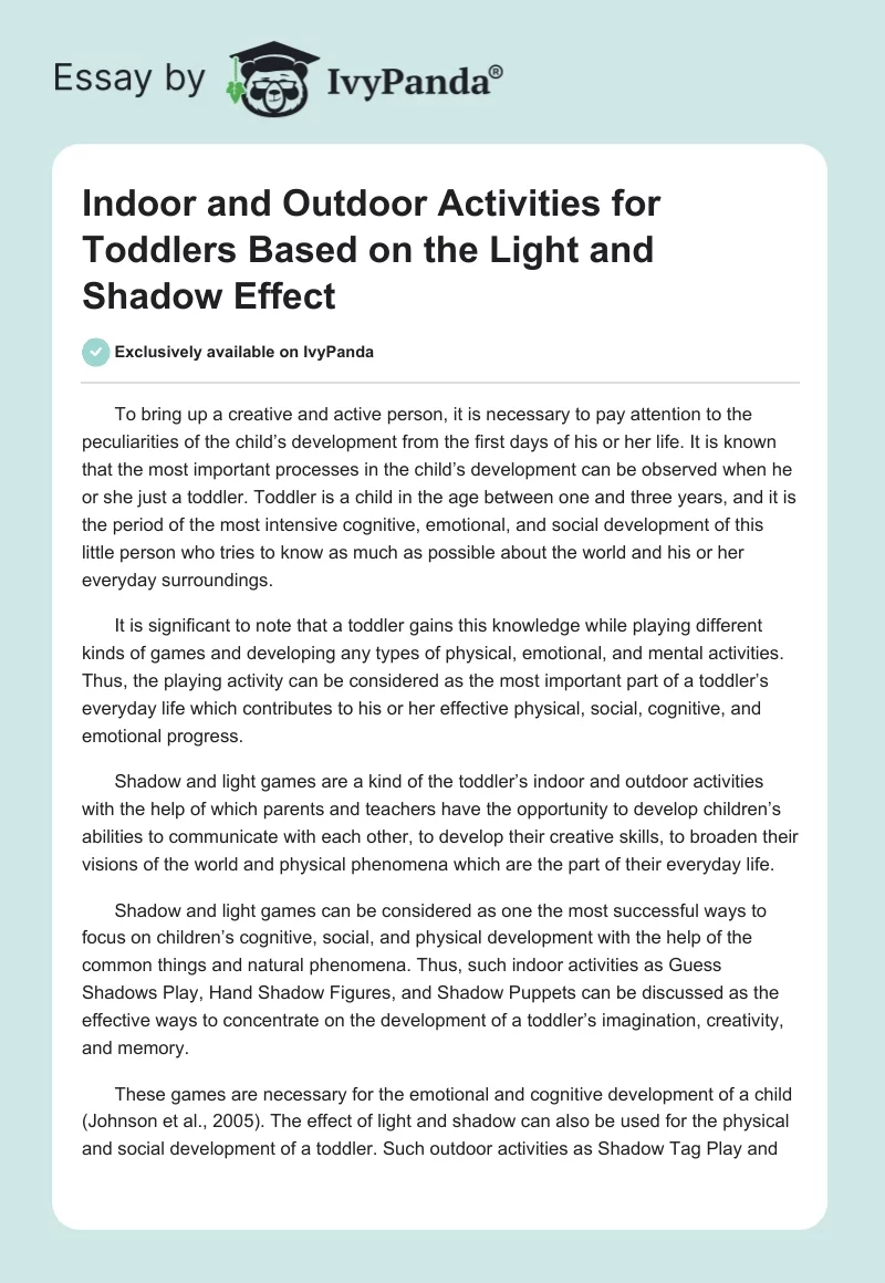 Indoor and Outdoor Activities for Toddlers Based on the Light and Shadow Effect. Page 1
