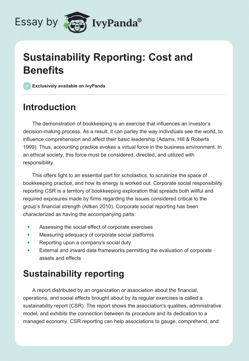 Sustainability Reporting: Cost and Benefits. Page 1