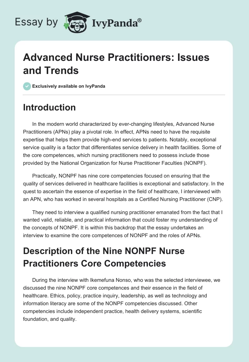 Advanced Nurse Practitioners: Issues and Trends. Page 1