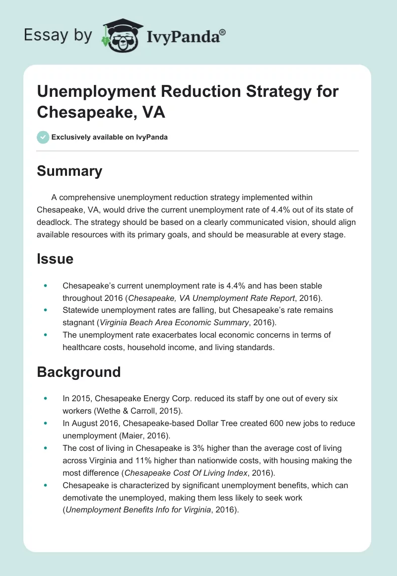 Unemployment Reduction Strategy for Chesapeake, VA. Page 1