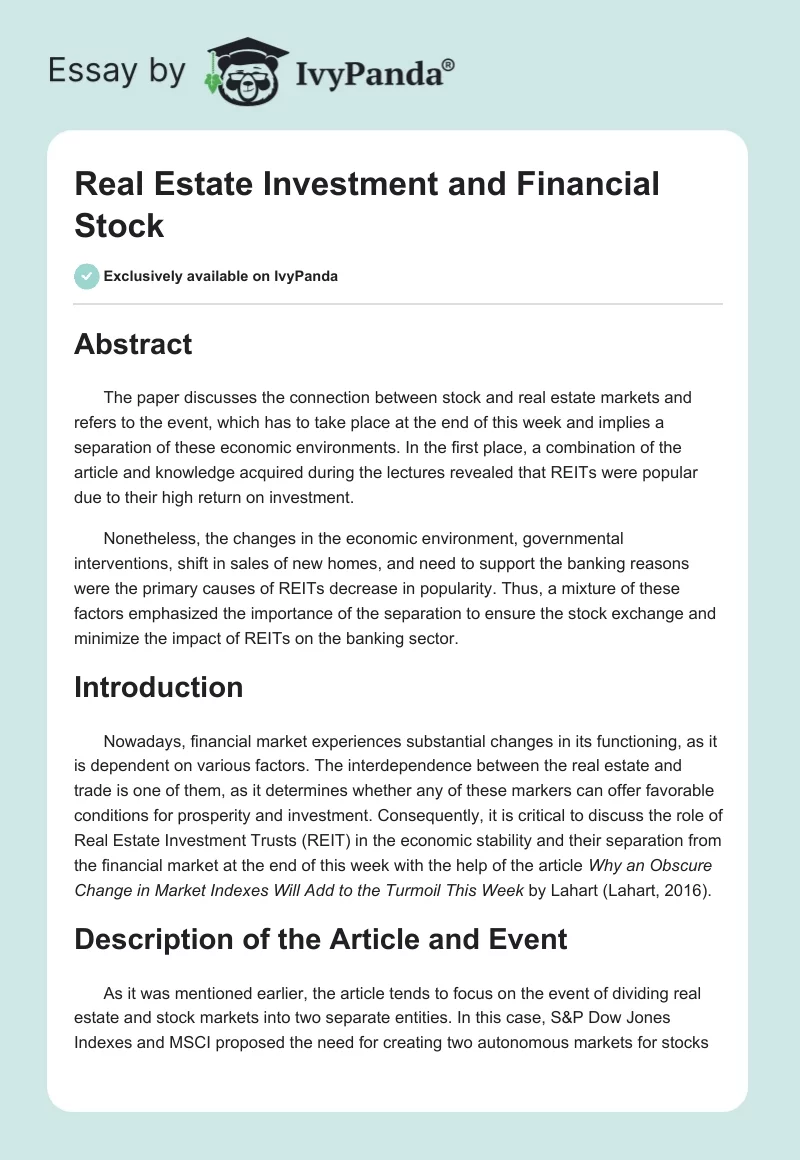 Real Estate Investment and Financial Stock. Page 1