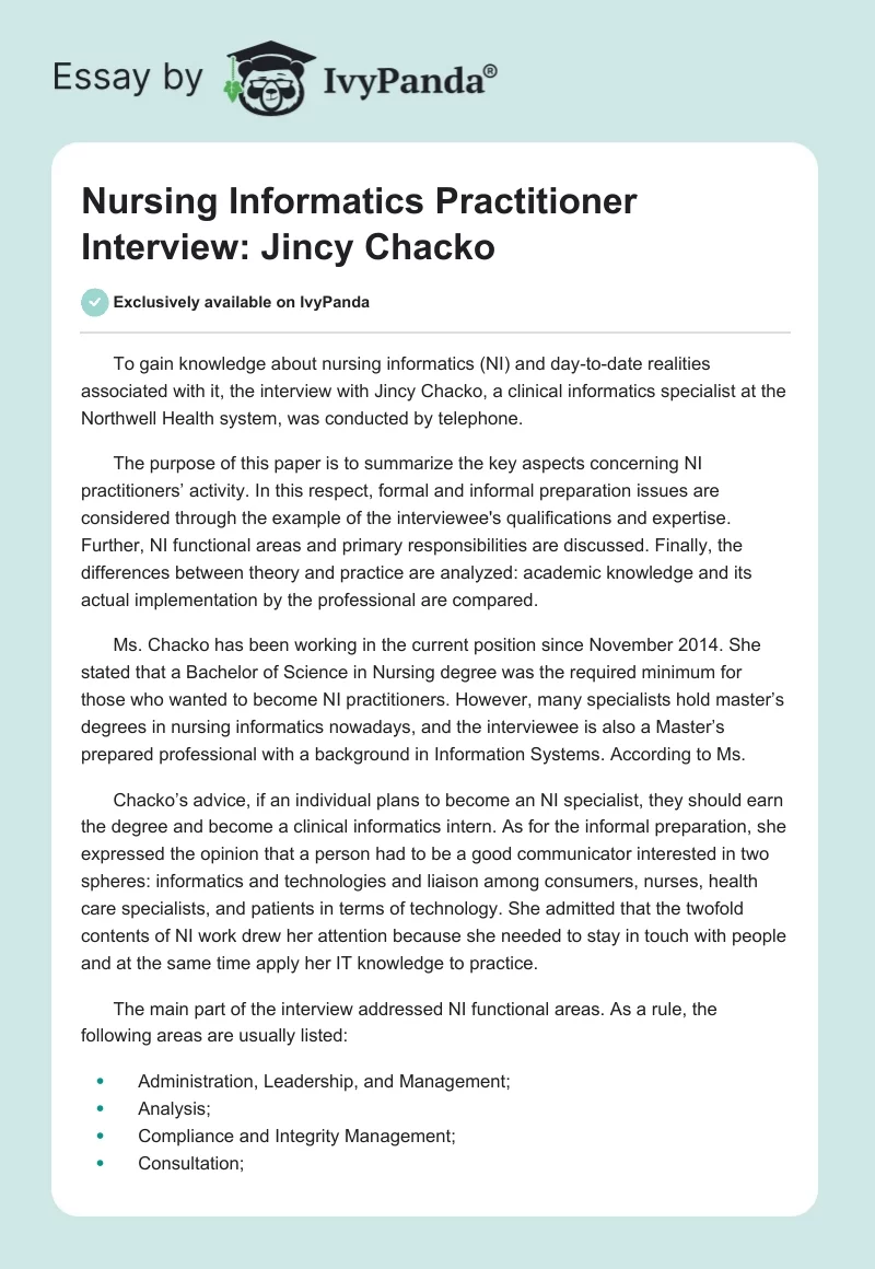 Nursing Informatics Practitioner Interview: Jincy Chacko. Page 1