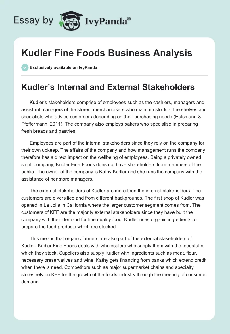 Kudler Fine Foods Business Analysis. Page 1