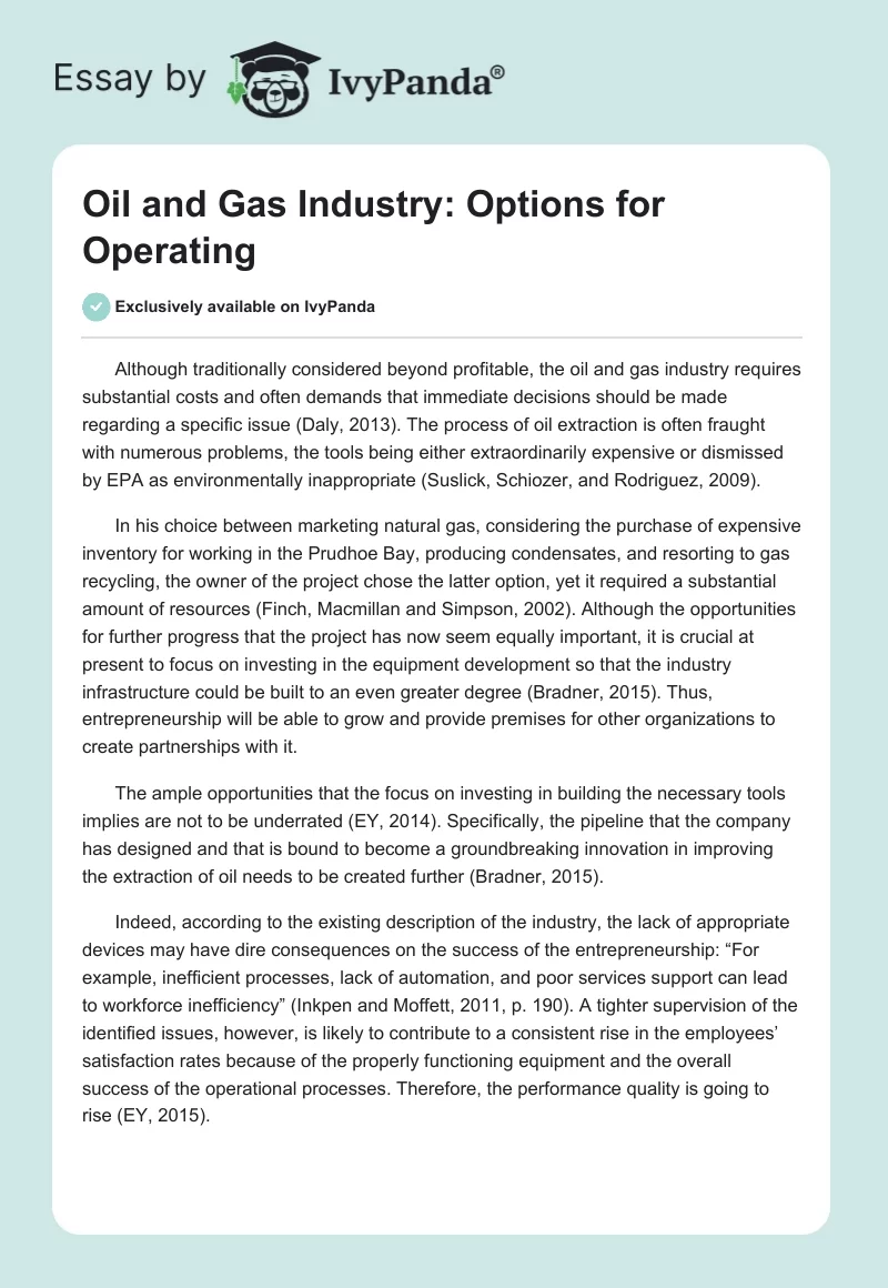 Oil and Gas Industry: Options for Operating. Page 1