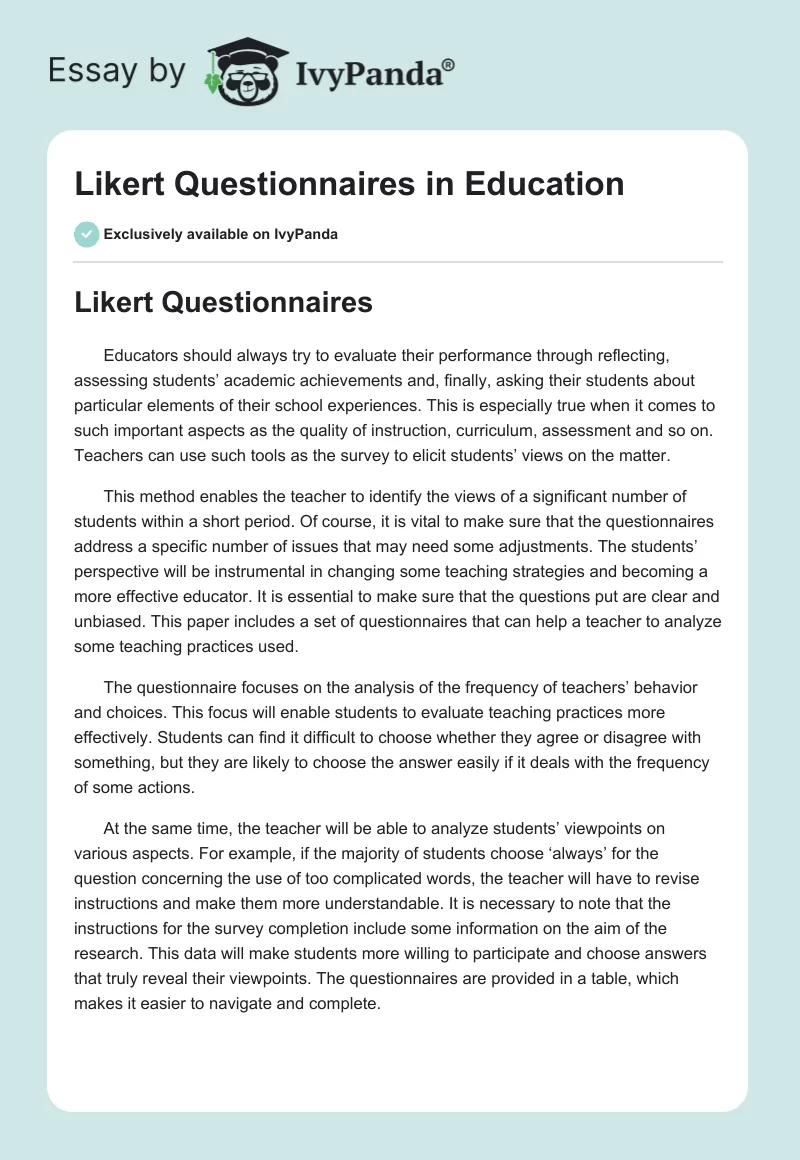 Likert Questionnaires in Education. Page 1