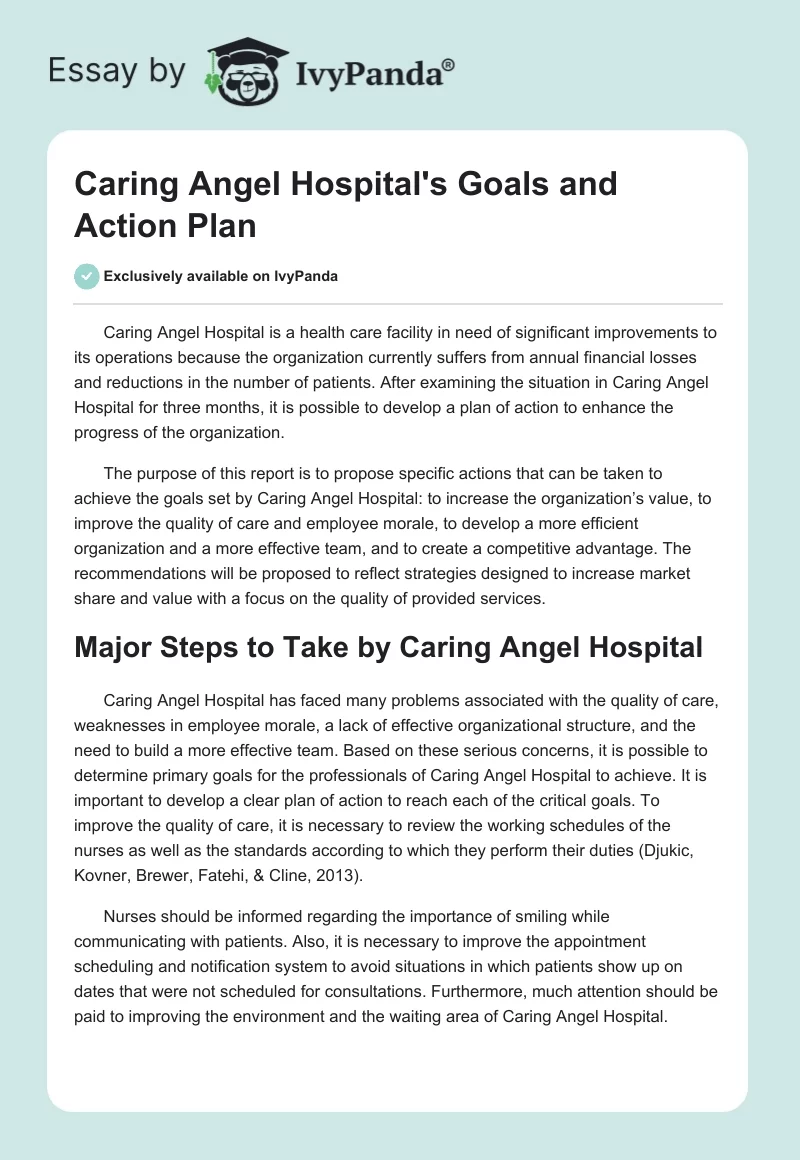 Caring Angel Hospital's Goals and Action Plan. Page 1