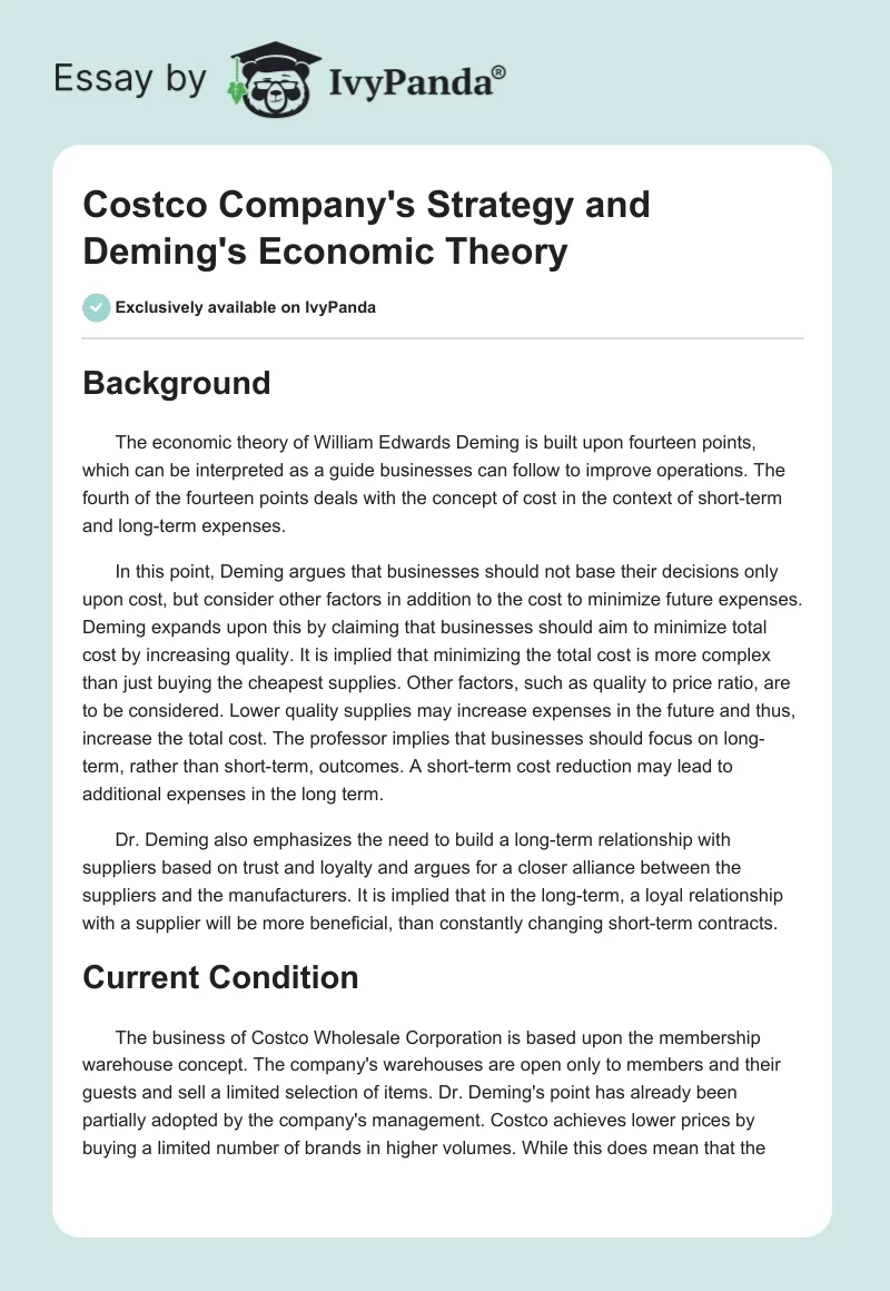 Costco Company's Strategy and Deming's Economic Theory. Page 1