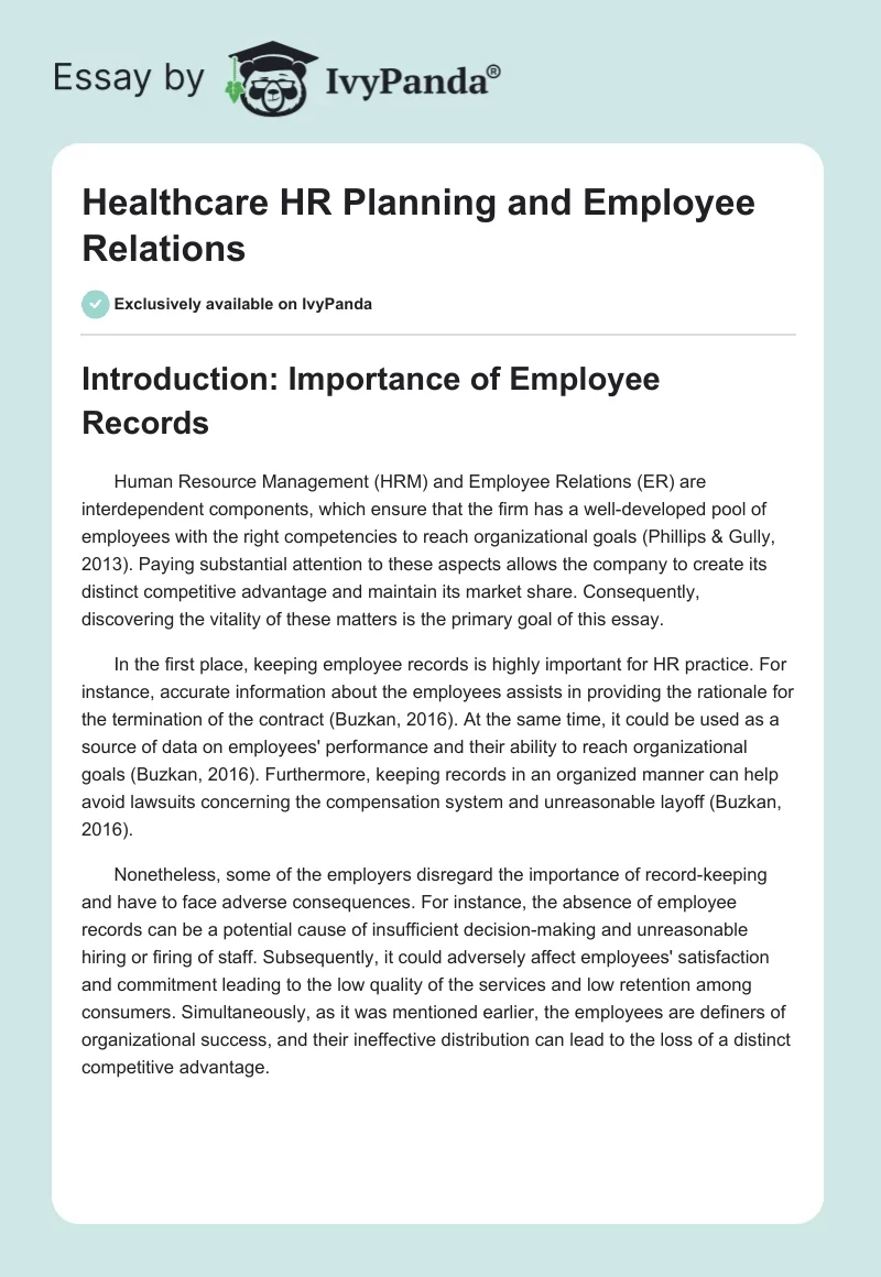 Healthcare HR Planning and Employee Relations. Page 1