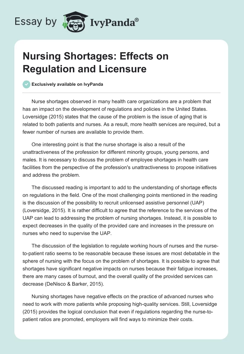 Nursing Shortages: Effects on Regulation and Licensure. Page 1