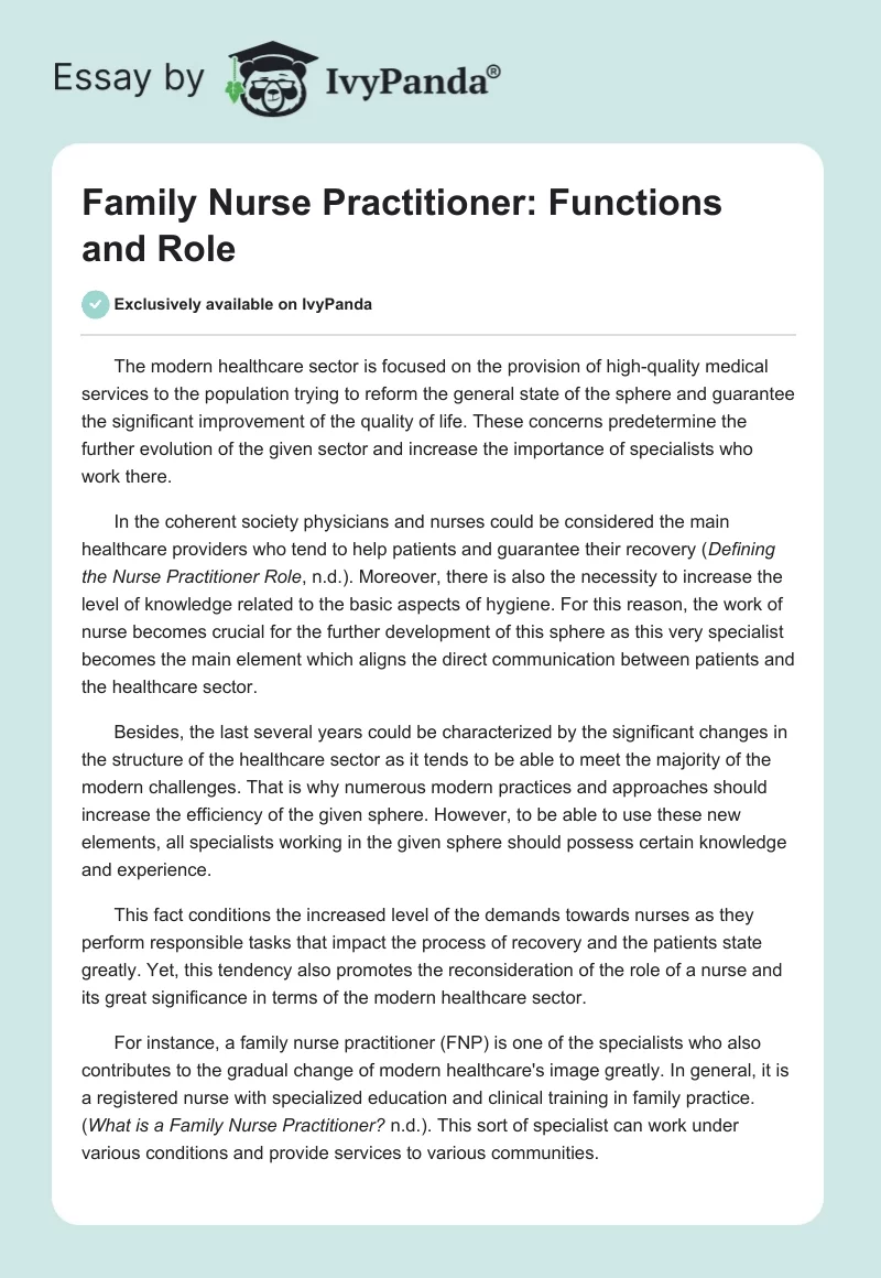 Family Nurse Practitioner: Functions and Role. Page 1