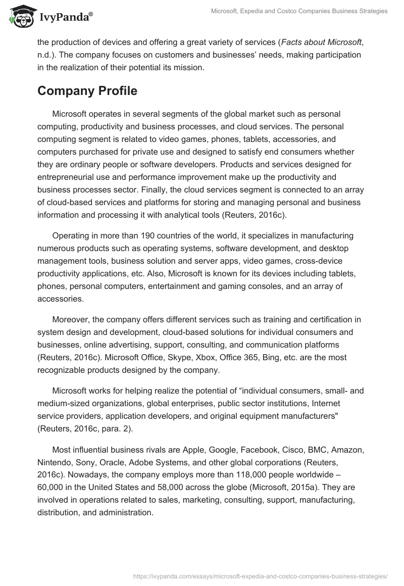 Microsoft, Expedia and Costco Companies Business Strategies. Page 2