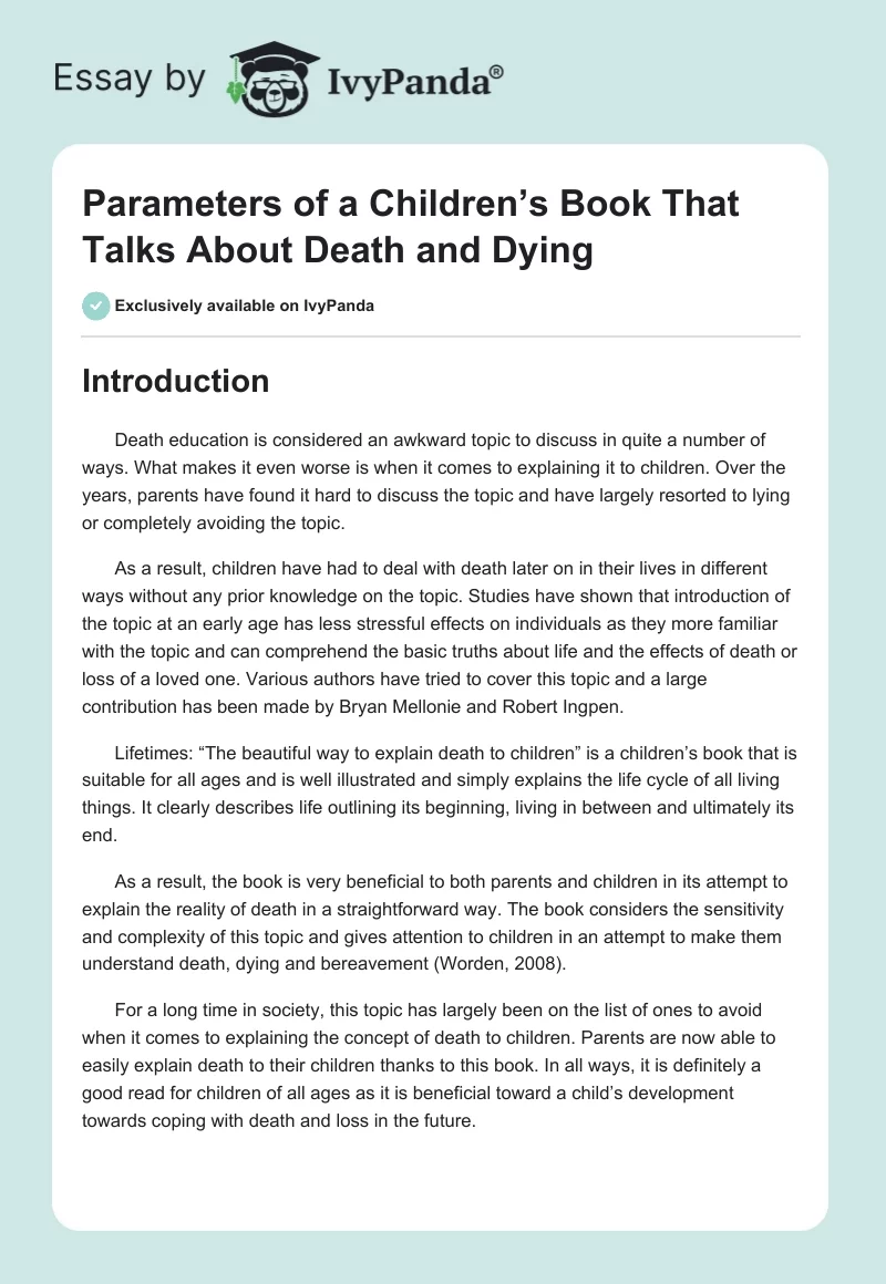 Parameters of a Children’s Book That Talks About Death and Dying. Page 1