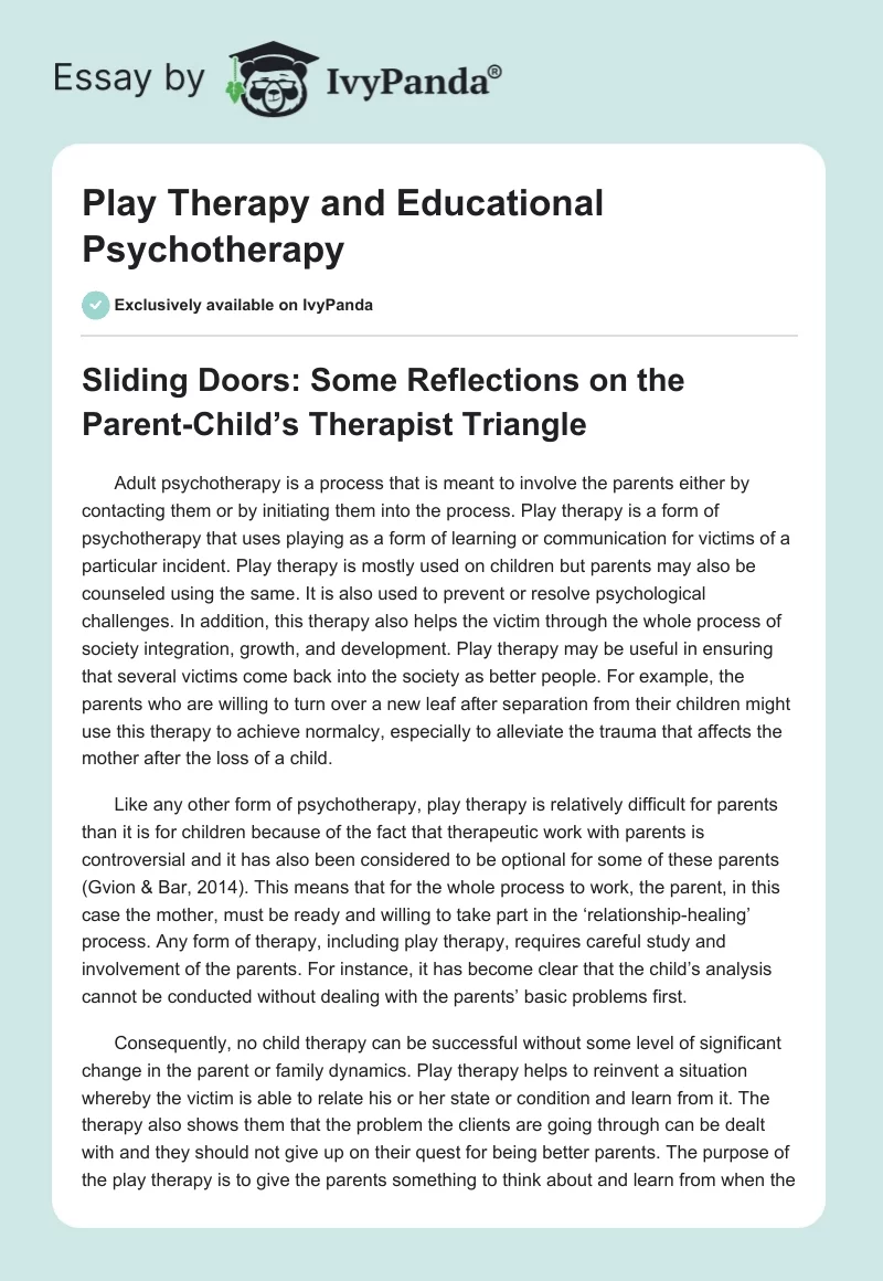Play Therapy and Educational Psychotherapy. Page 1