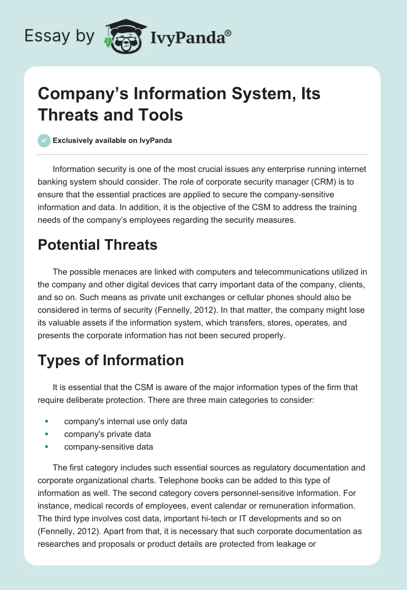 Company’s Information System, Its Threats and Tools. Page 1