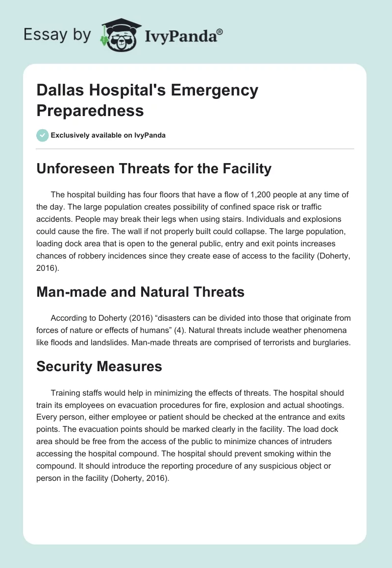 Dallas Hospital's Emergency Preparedness. Page 1