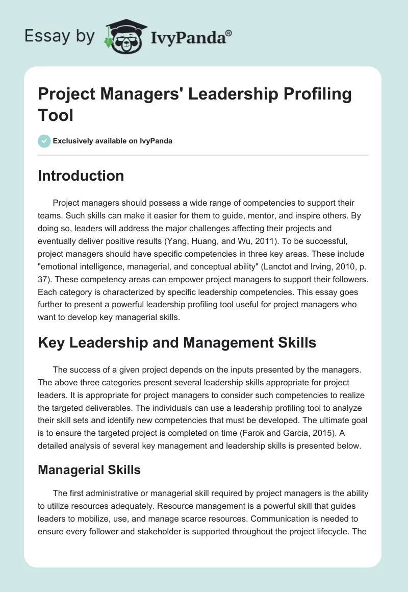Project Managers' Leadership Profiling Tool. Page 1