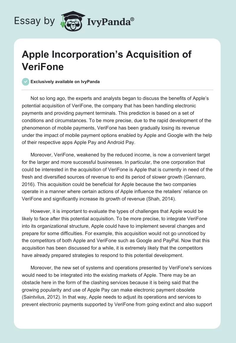 Apple Incorporation’s Acquisition of VeriFone. Page 1