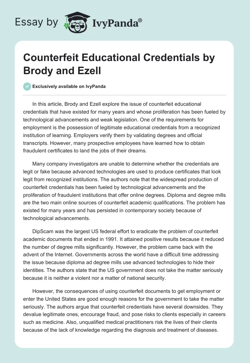 Counterfeit Educational Credentials by Brody and Ezell. Page 1