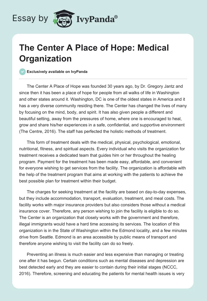 The Center A Place of Hope: Medical Organization. Page 1