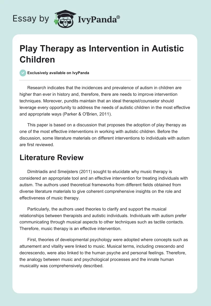Play Therapy as Intervention in Autistic Children. Page 1