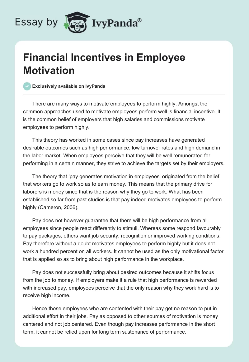 Financial Incentives in Employee Motivation. Page 1