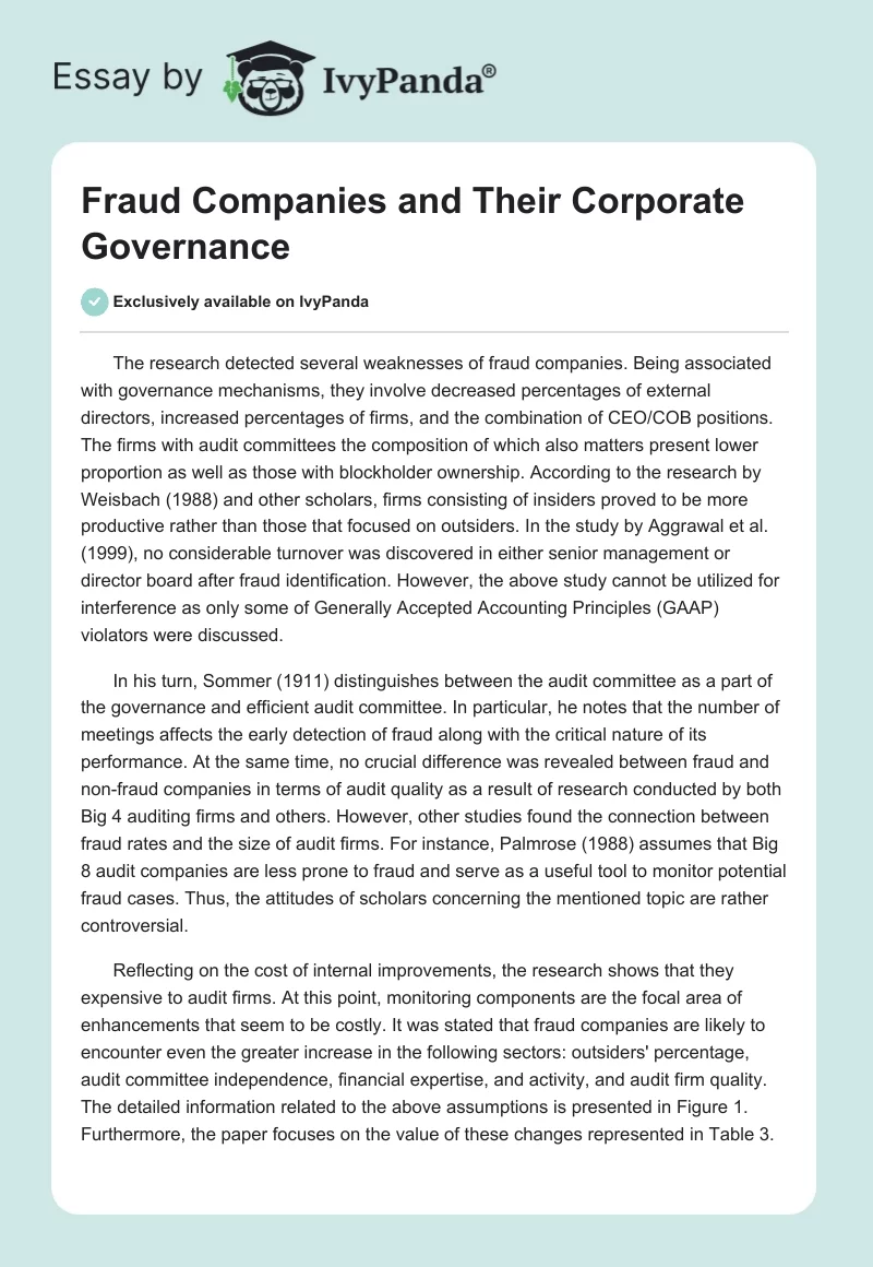 Fraud Companies and Their Corporate Governance. Page 1