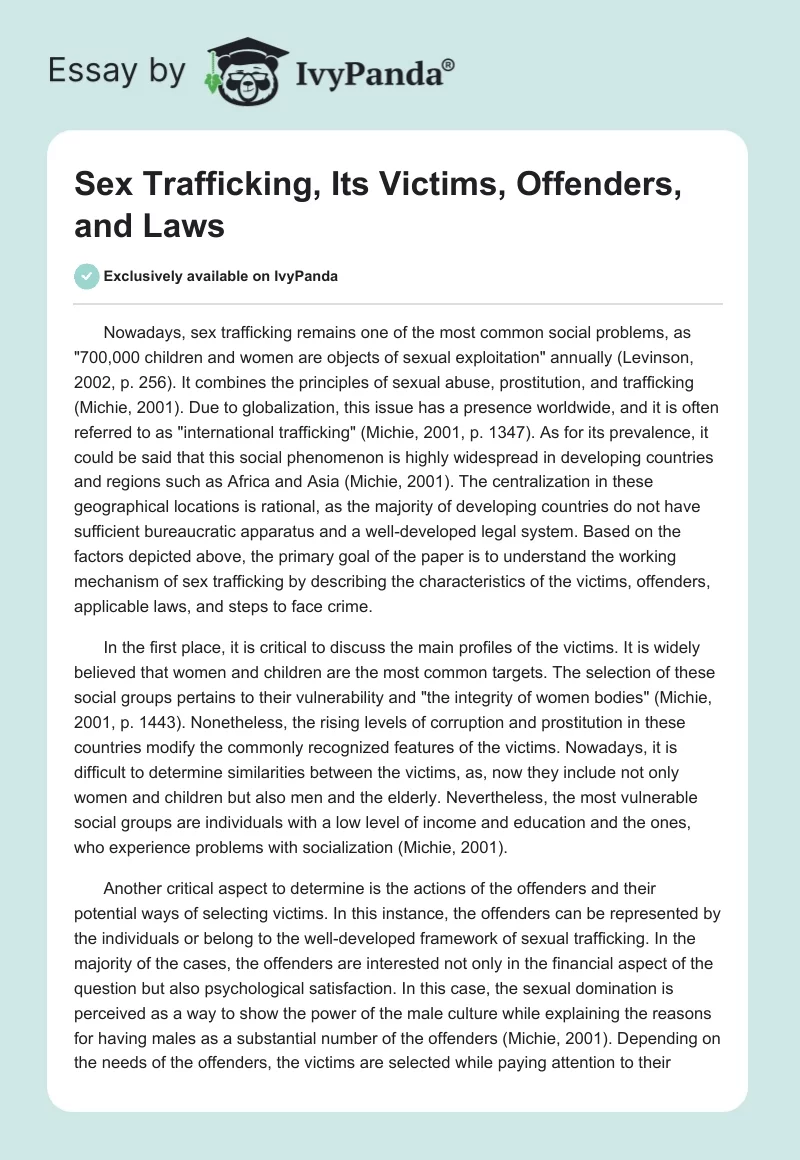 Sex Trafficking, Its Victims, Offenders, and Laws. Page 1