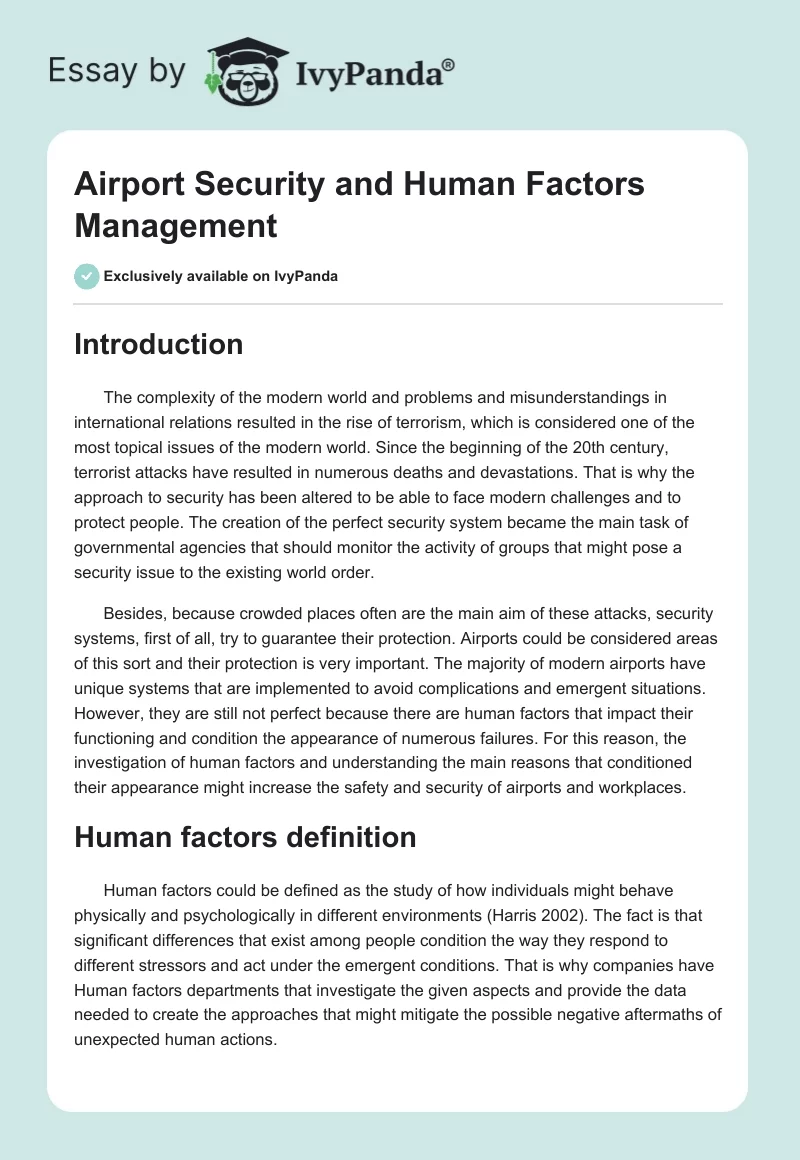 Airport Security and Human Factors Management. Page 1