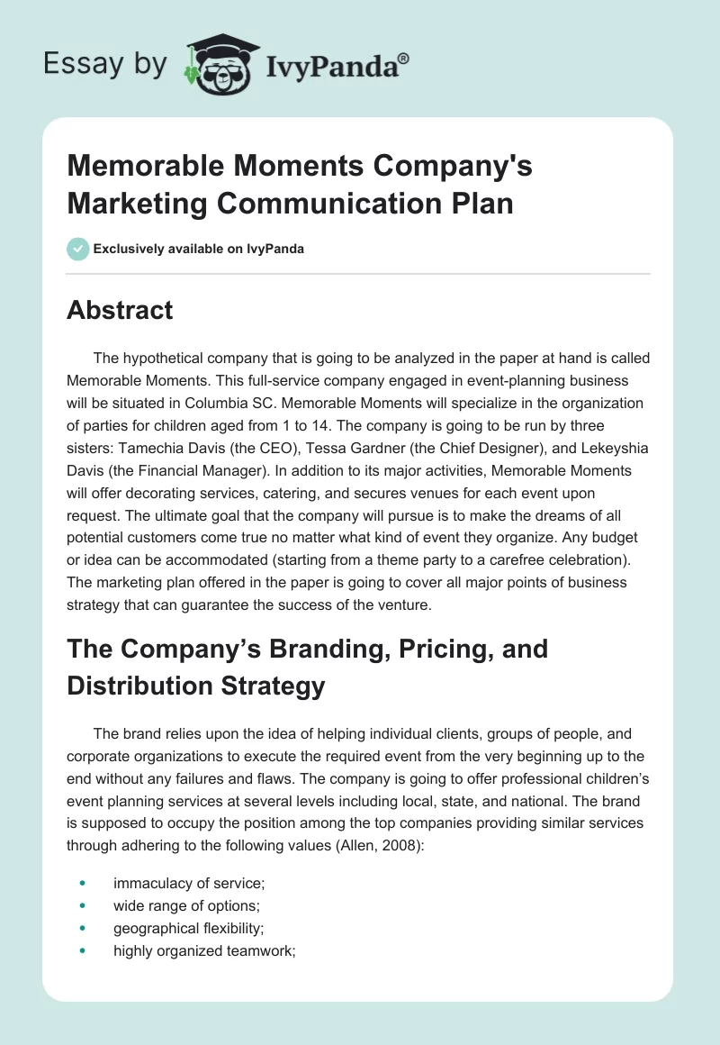Memorable Moments Company's Marketing Communication Plan. Page 1