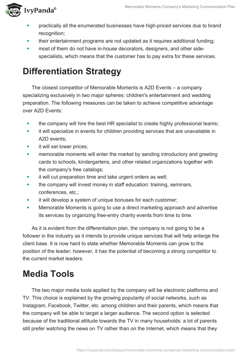 Memorable Moments Company's Marketing Communication Plan. Page 4