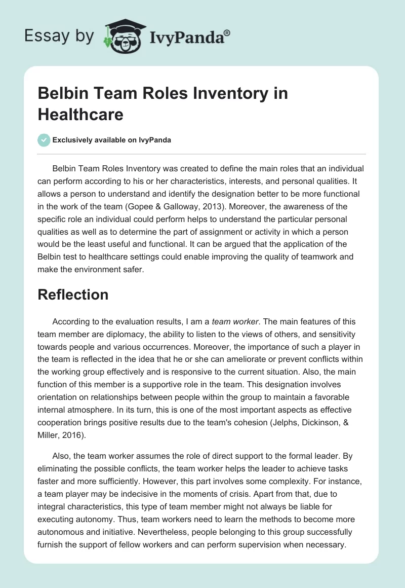 Belbin Team Roles Inventory in Healthcare. Page 1