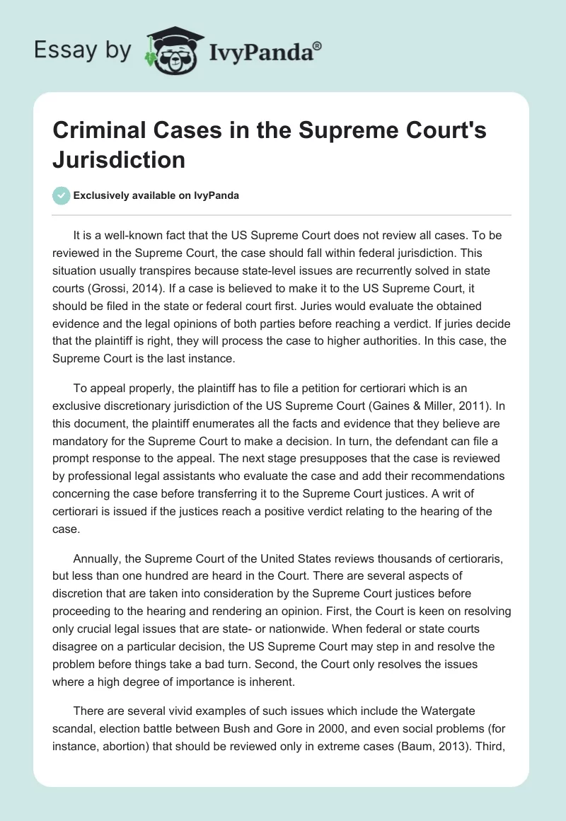 Criminal Cases in the Supreme Court's Jurisdiction. Page 1