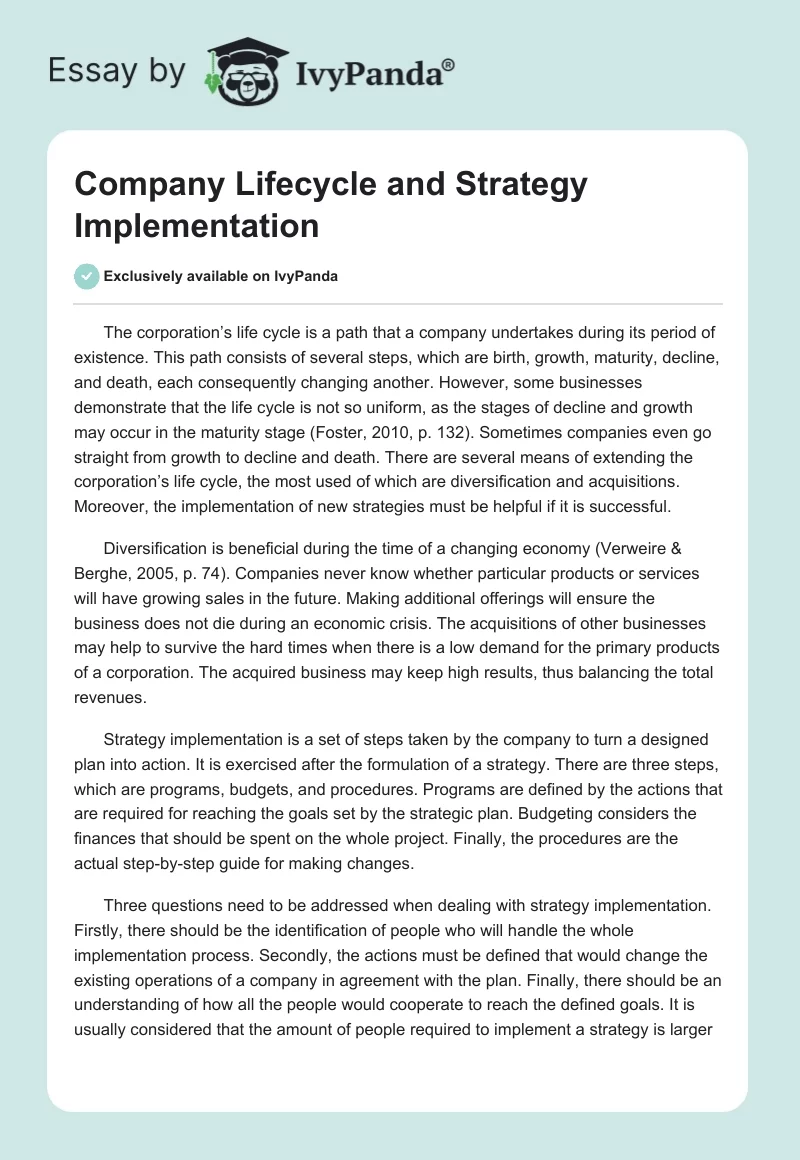Company Lifecycle and Strategy Implementation. Page 1
