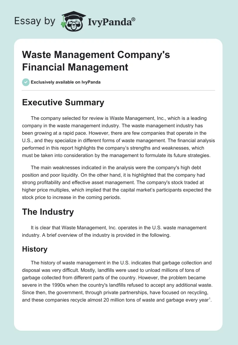 Waste Management Company's Financial Management. Page 1