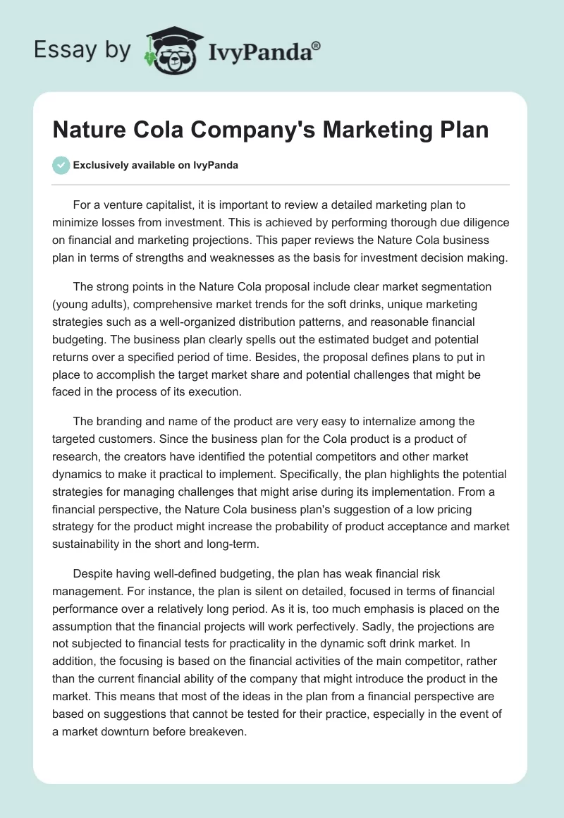 Nature Cola Company's Marketing Plan. Page 1