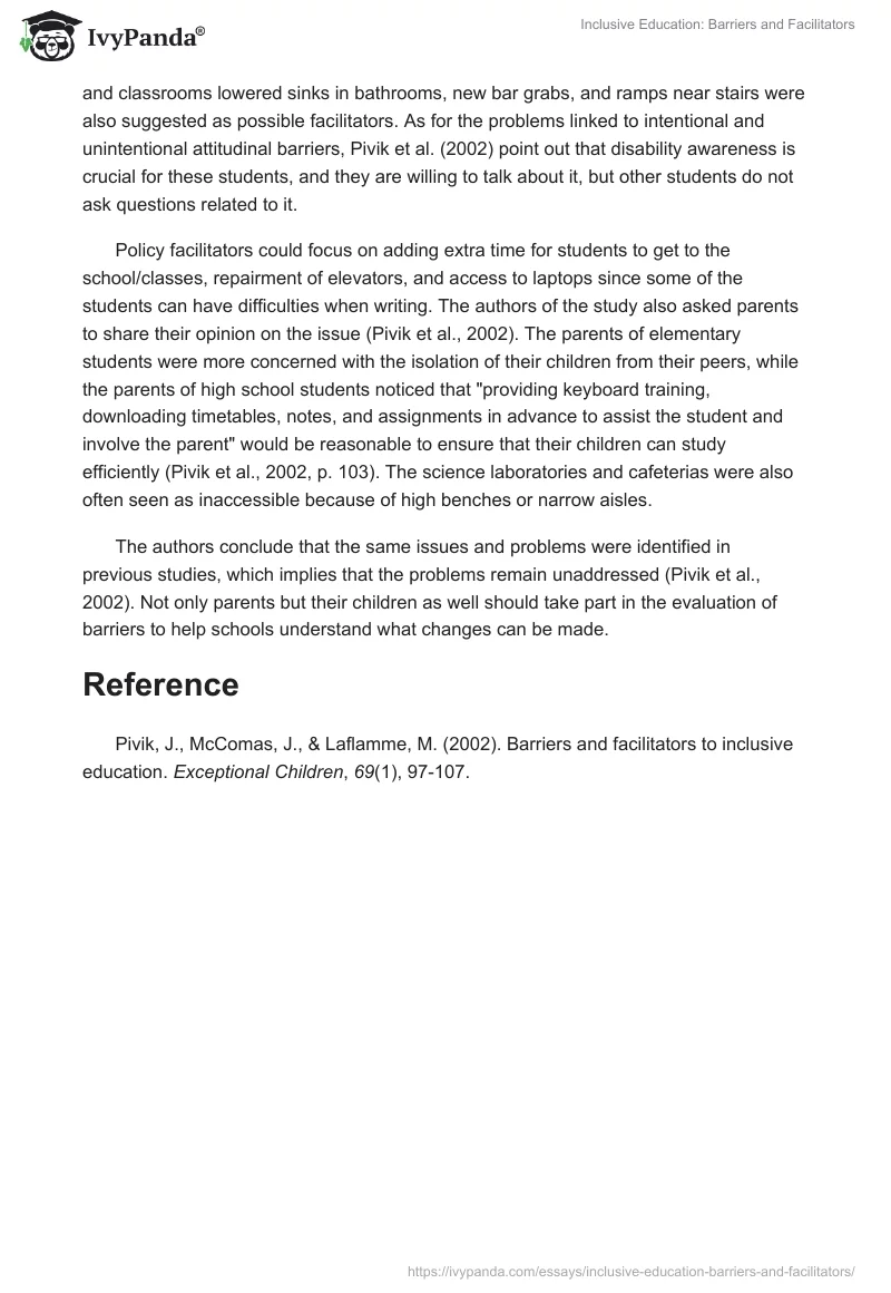 Inclusive Education: Barriers and Facilitators. Page 2