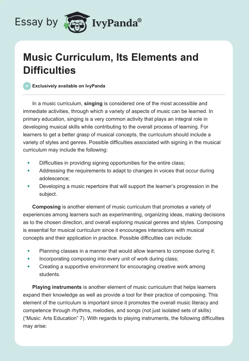 Music Curriculum, Its Elements and Difficulties. Page 1