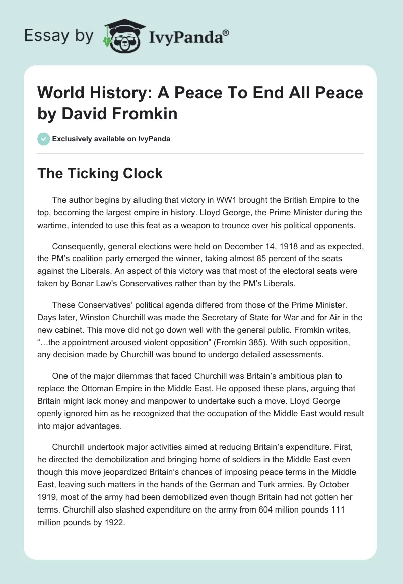 World History: A Peace to End All Peace by David Fromkin. Page 1
