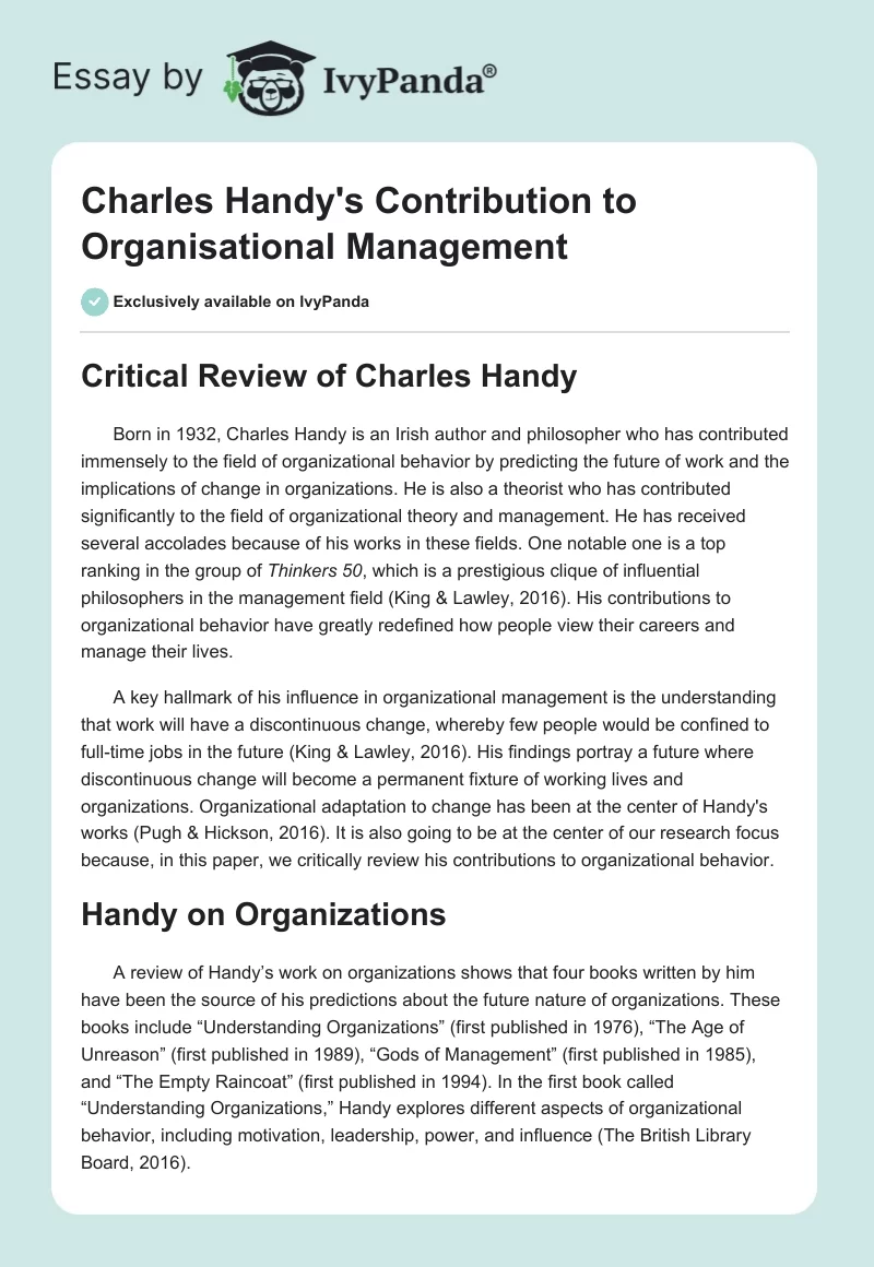 Charles Handy's Contribution to Organisational Management. Page 1