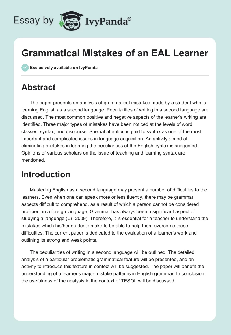 Grammatical Mistakes of an EAL Learner. Page 1